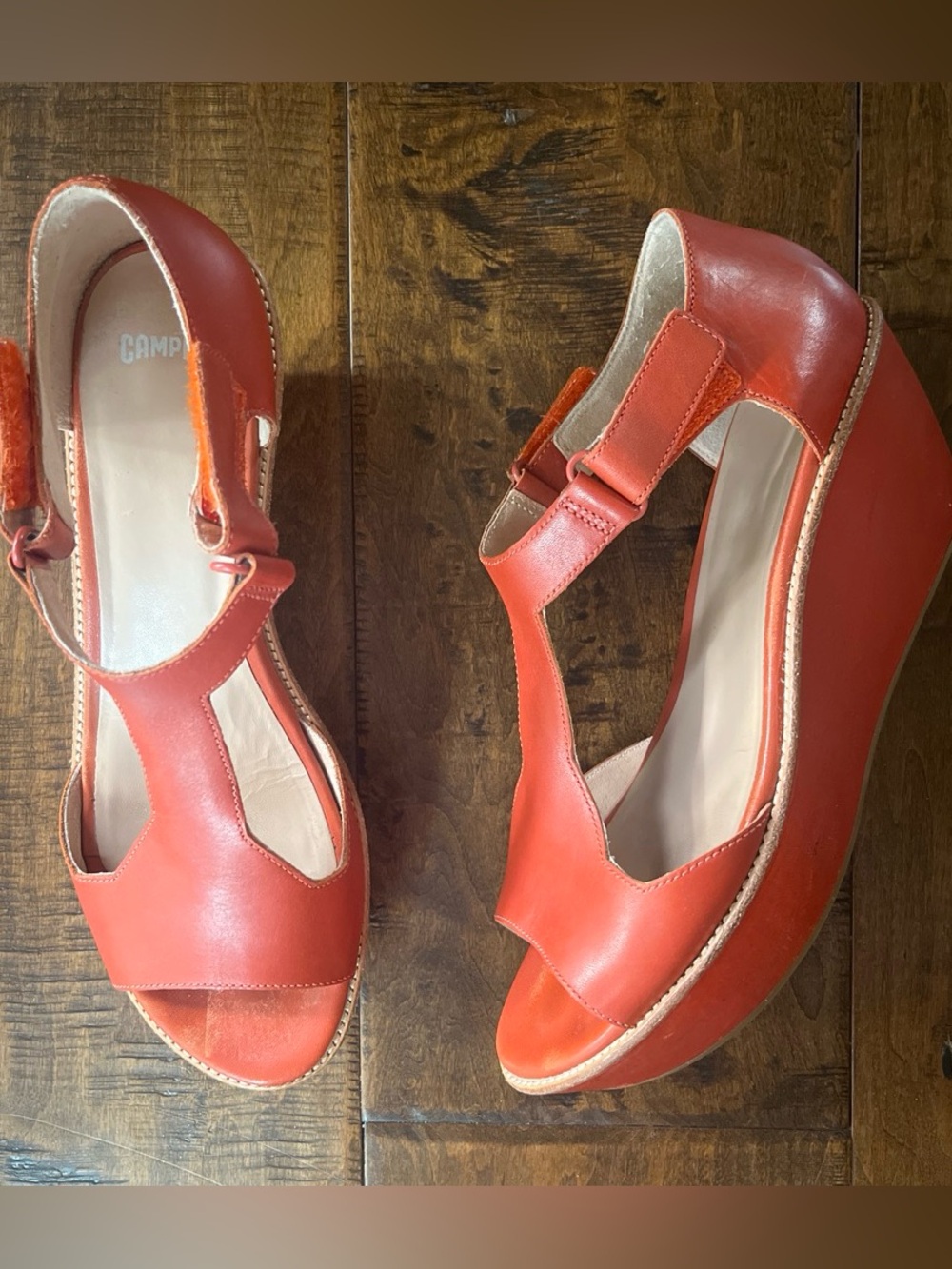Camper Damas orange-red leather open toe platform wedge T-strap sandals Sz. 42